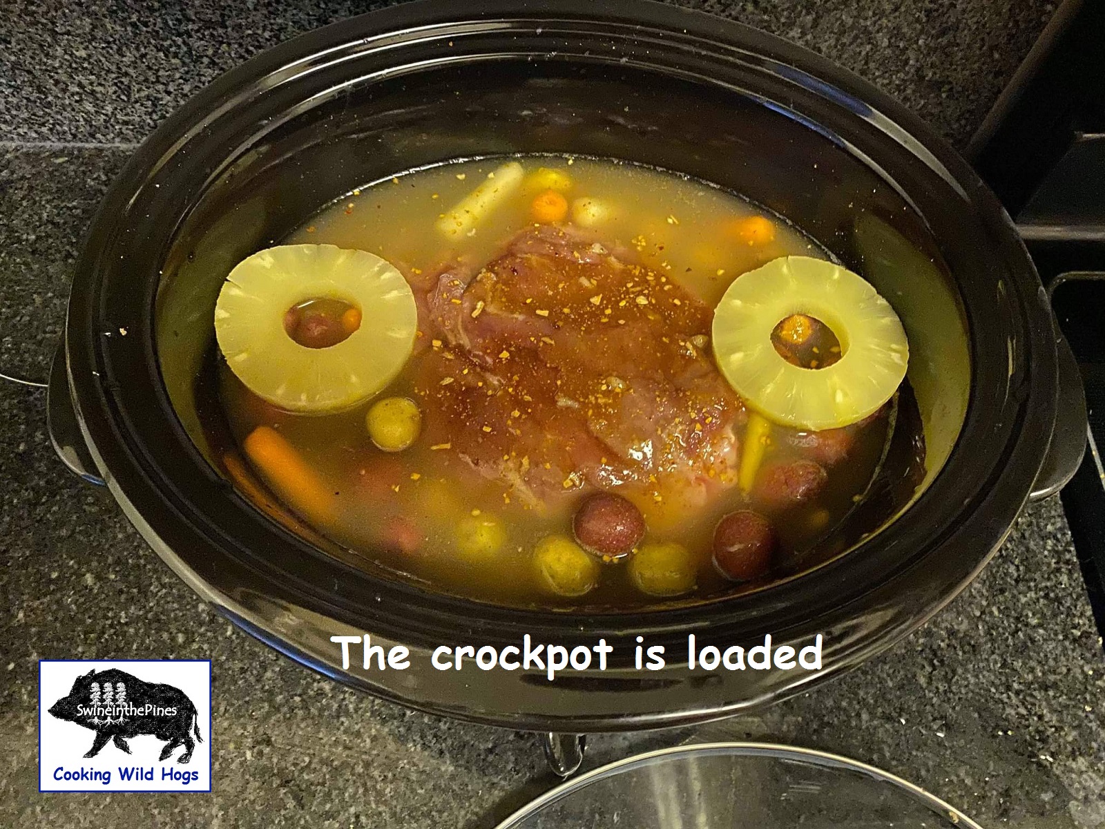 The crockpot is loaded with the all fixings