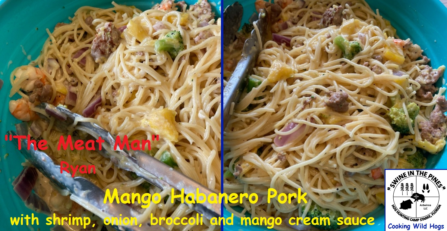Mango Habanero pork with shrimp, onion, broccoli and mango cream sauce from Ryan The Meat Man