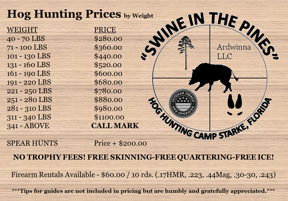 Swine In The Pines Price List
