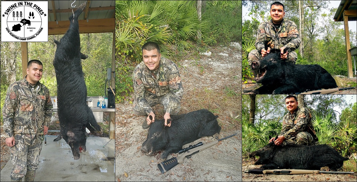 Alec and His 120lb Wild Boar at Swine in the Pines Northeast Florida's Hog Hunting Ranch.