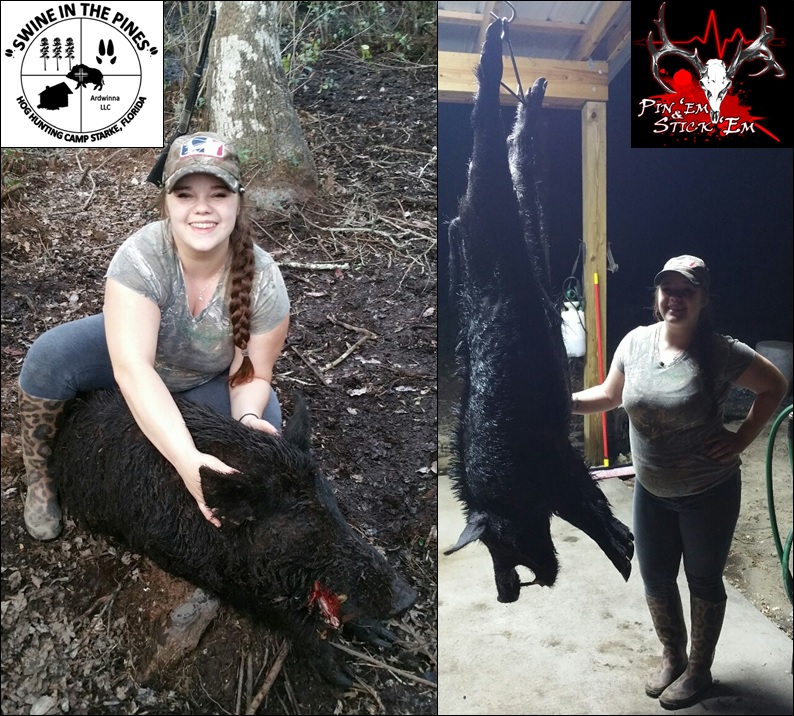 Heather Elkins with her 160lb Wild Boar after a Guided Hog Hunt at Swine In The Pines