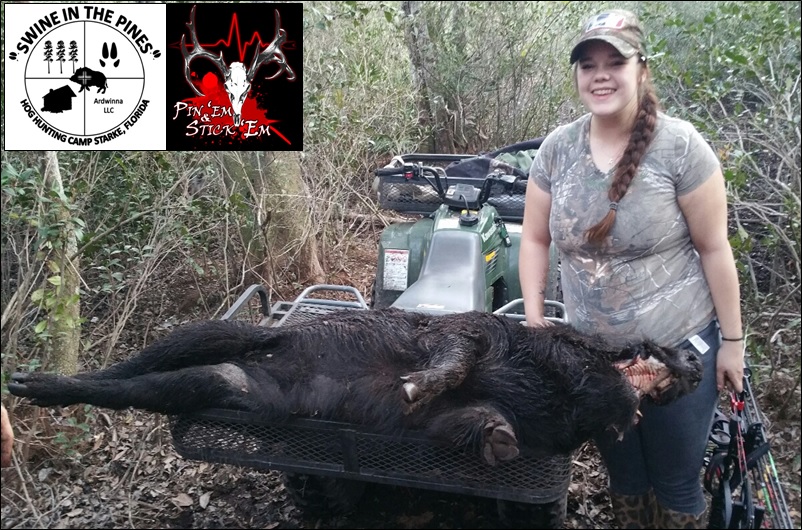 Heather Elkins was the contest winner for Pin'em & Stick'em Outdoors Hog Hunt with this 160lb Wild Boars taken at Swine In The Pines Hog Hunting Camp