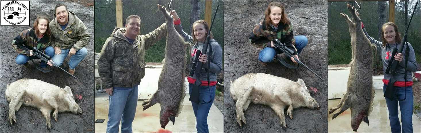 Laura with her first Hog, this nice 140lb Wild Boar taken at Swine In The Pines Hog Hunting Camp