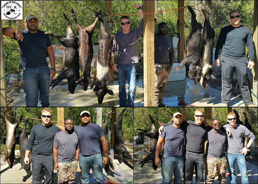 Quovondo, Chris, Garrett, and Dexter took 5 Wild Hogs for the freezer at Swine In The Pines Hog Hunting Camp in Starke, Florida