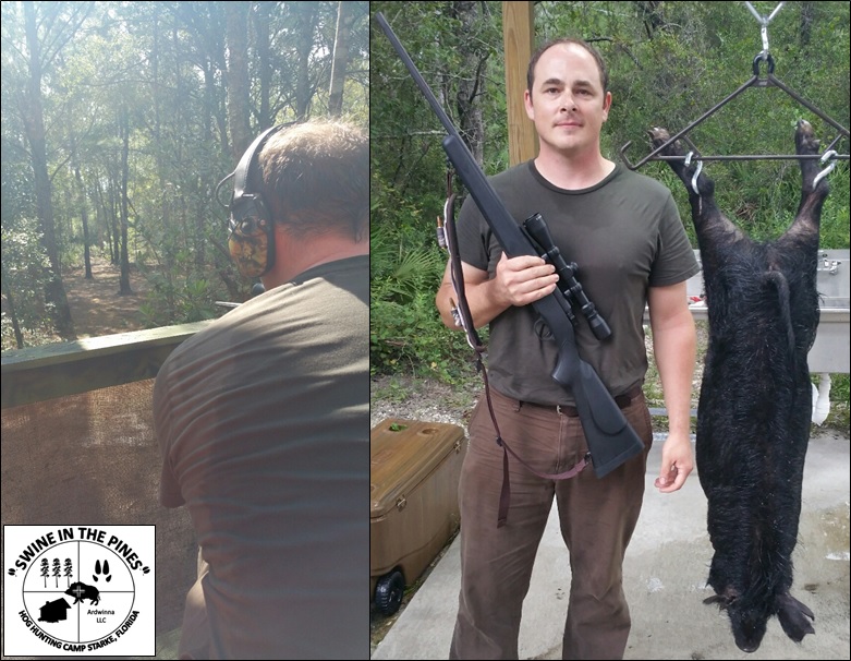 Ryan's perfect shot placement drops this Piney Woods Rooter at Swine In The Pines Guided Hog Hunting Camp