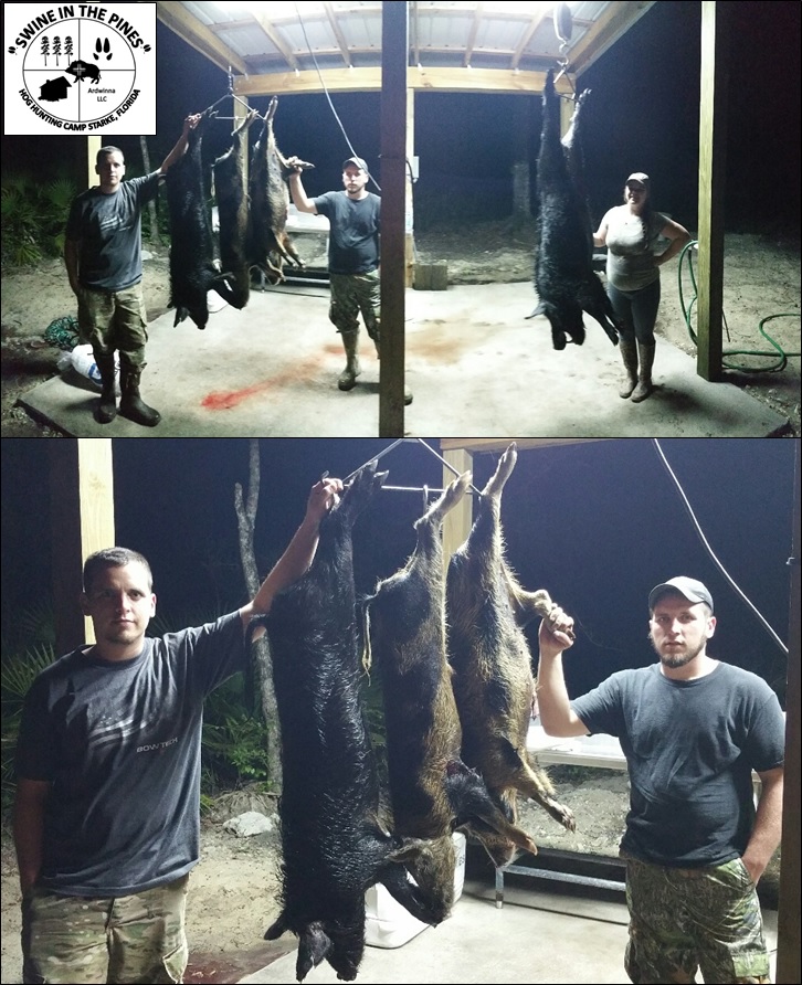 Timothy White, Devon White, and Heather Elkins piled them up at Swine in the Pines Hog Hunting Camp