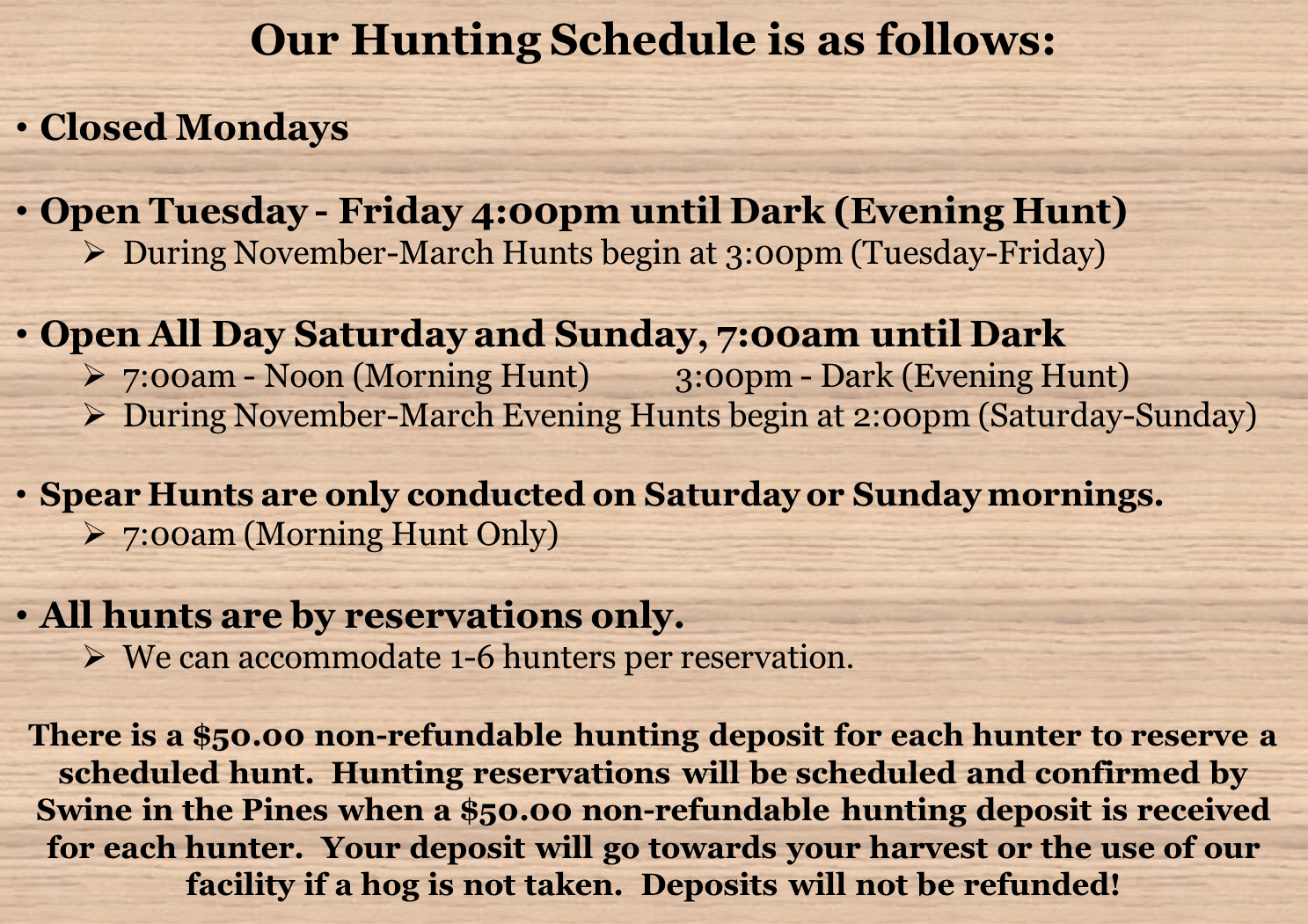 Hunt Schedule at Swine In The Pines